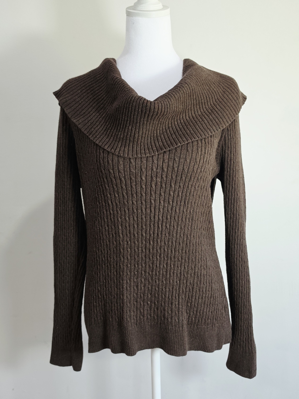JEANNE PIERRE Dark Brown Ribbed Cowl Neck Sweater